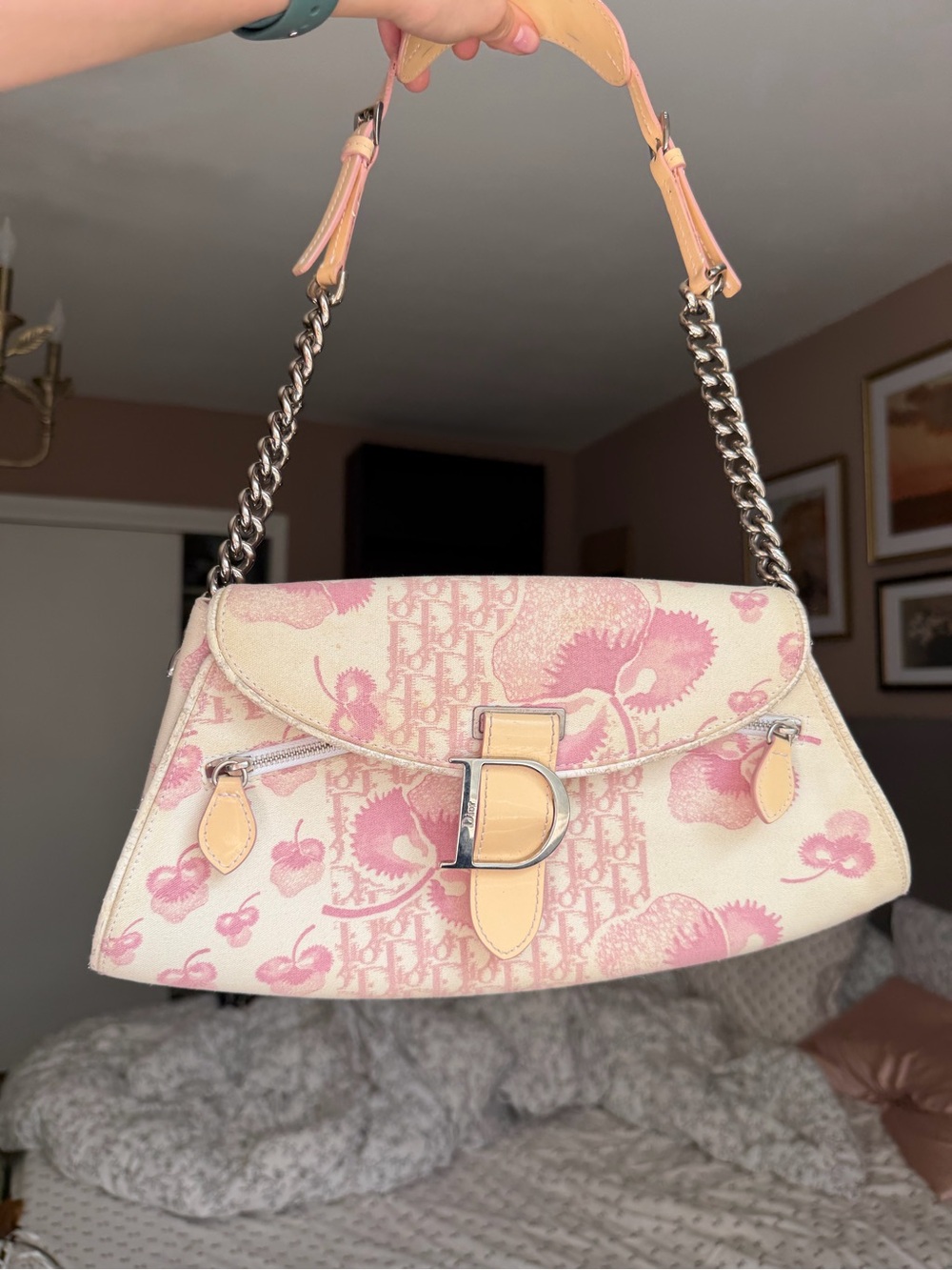 Dior Cream and Pink Floral Canvas Shoulder Bag
